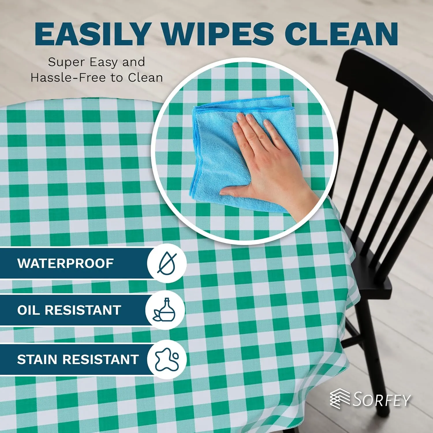 Sorfey Tablecloth - Vinyl with Flannel Back, 60"x84" Rectangle, Water Proof, Easy to Clean, Checked Green Design