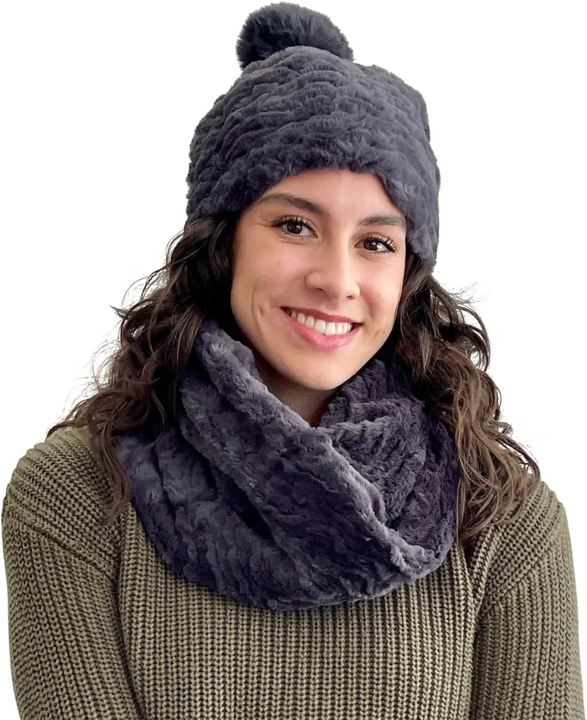 Sprigs Textured Faux Fur Beanie for Women with Pom Pom, Warm Fuzzy Beanie Winter Hat