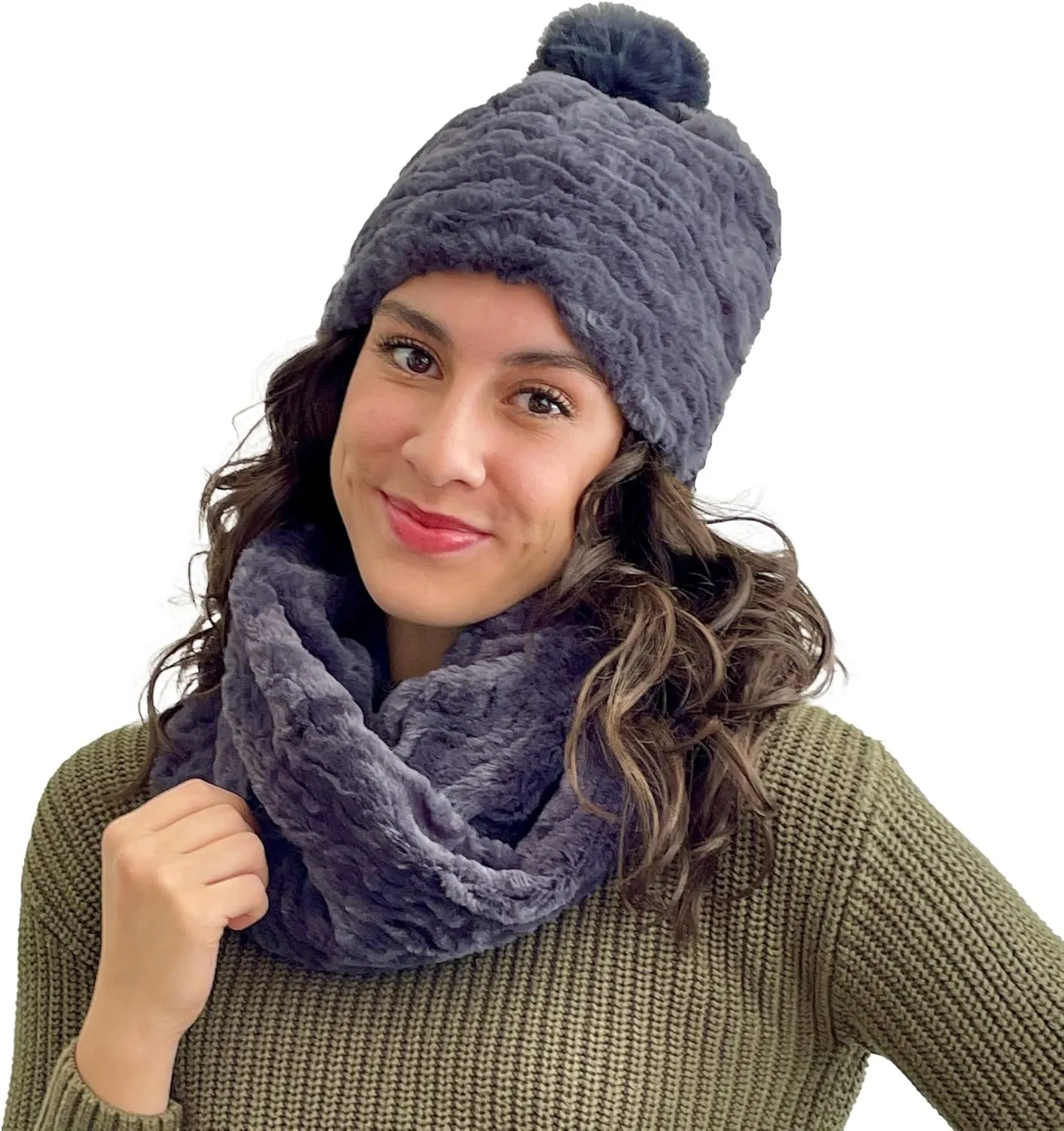 Sprigs Textured Faux Fur Beanie for Women with Pom Pom, Warm Fuzzy Beanie Winter Hat