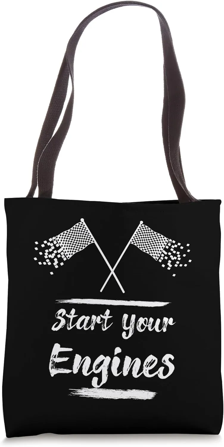 Start Your Engines, Vintage retro Checkered Flag Racing Car Tote Bag