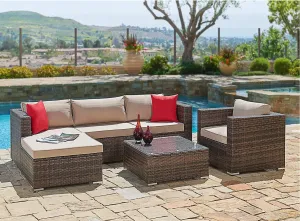 SUNCROWN 6-Piece Outdoor Furniture Patio Sectional Sofa - PE Rattan Wicker Conversation Set with Cushions and Coffee Table