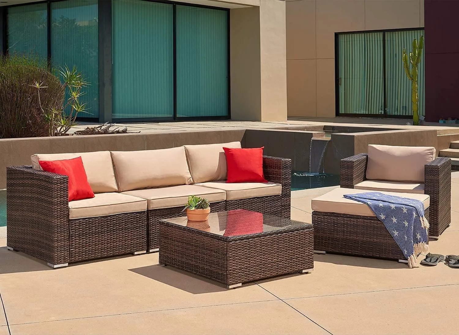 SUNCROWN 6-Piece Outdoor Furniture Patio Sectional Sofa - PE Rattan Wicker Conversation Set with Cushions and Coffee Table