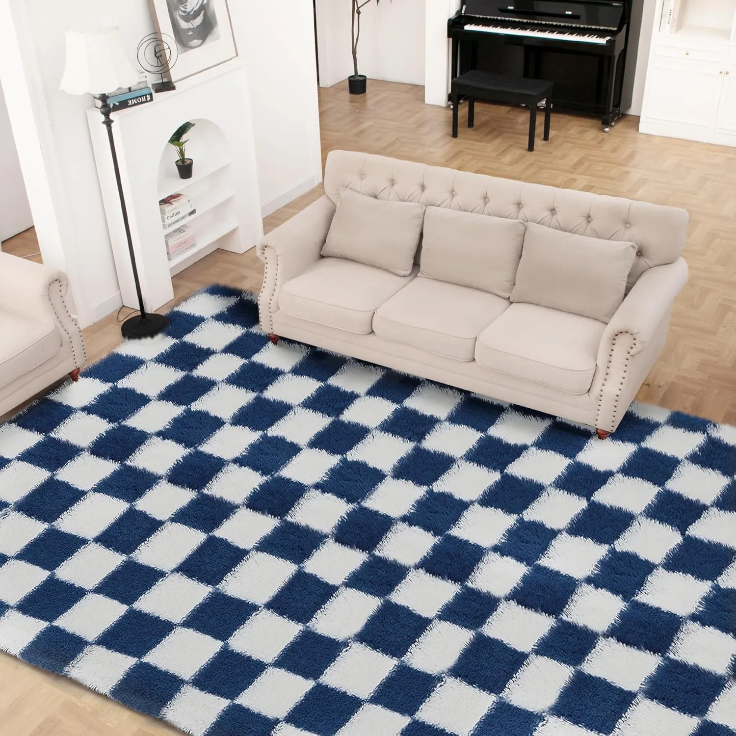 Super Soft Blue and White Area Rug - 5x7 ft Classic Checkered Shaggy High Pile Fluffy Fuzzy Carpet for Bedroom, Living Room, Kids Room, Nursery, Dorm