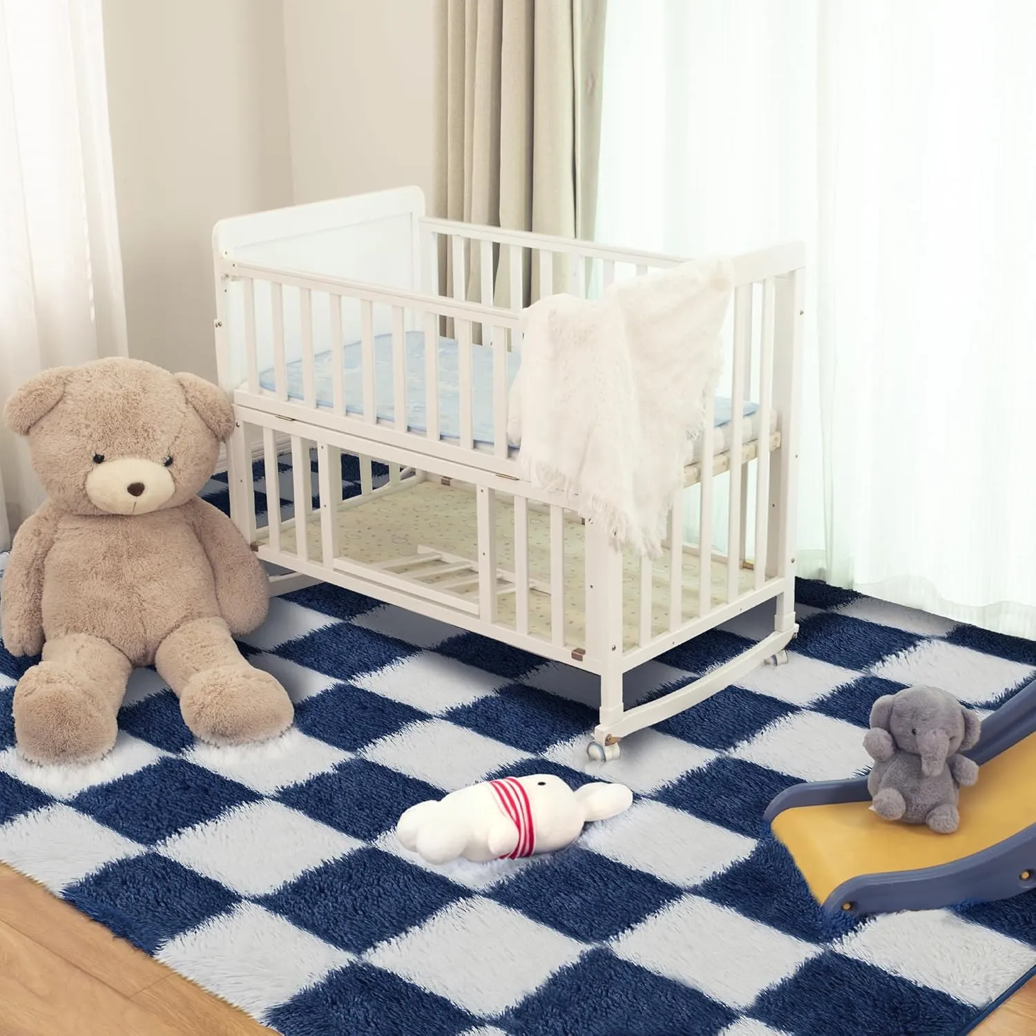 Super Soft Blue and White Area Rug - 5x7 ft Classic Checkered Shaggy High Pile Fluffy Fuzzy Carpet for Bedroom, Living Room, Kids Room, Nursery, Dorm
