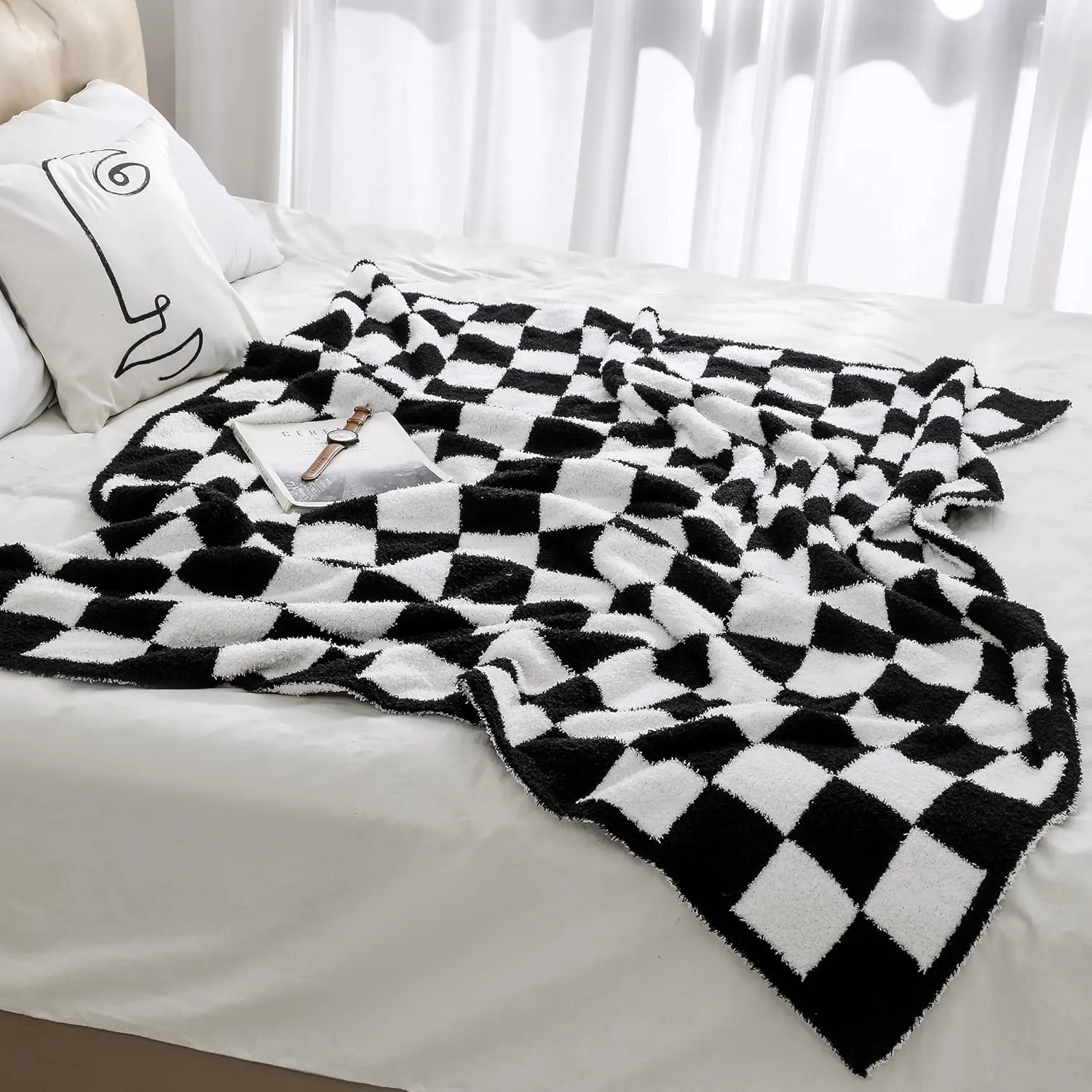 Super Soft Luxurious Warm Checkered Throw Blanket - Reversible for Couch, Bed, Sofa - 60x80 Inches - Black and White Checkered Pattern