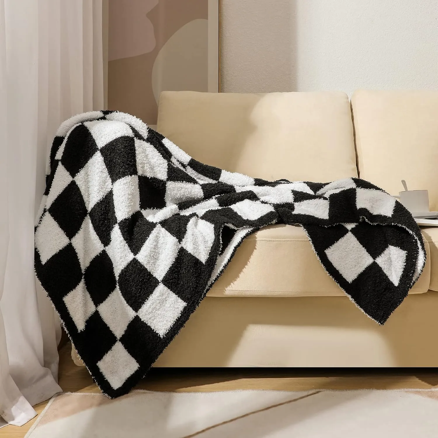 Super Soft Luxurious Warm Checkered Throw Blanket - Reversible for Couch, Bed, Sofa - 60x80 Inches - Black and White Checkered Pattern