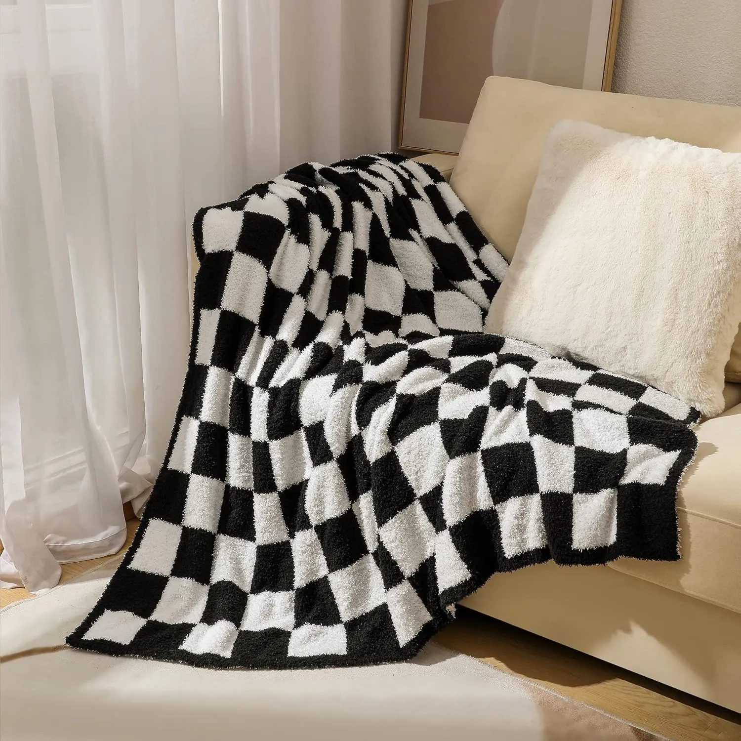 Super Soft Luxurious Warm Checkered Throw Blanket - Reversible for Couch, Bed, Sofa - 60x80 Inches - Black and White Checkered Pattern