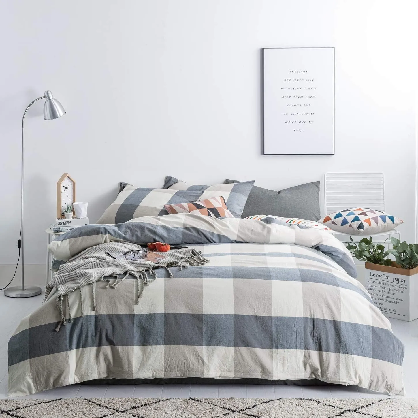 SUSYBAO Checkered Duvet Cover King 100% Washed Cotton Blue Plaid Duvet Cover 3 Pcs Set 1 Beige Grid Duvet Cover with Zipper Ties 2 Pillowcases Soft Farmhouse Buffalo Checkered Bedding Set