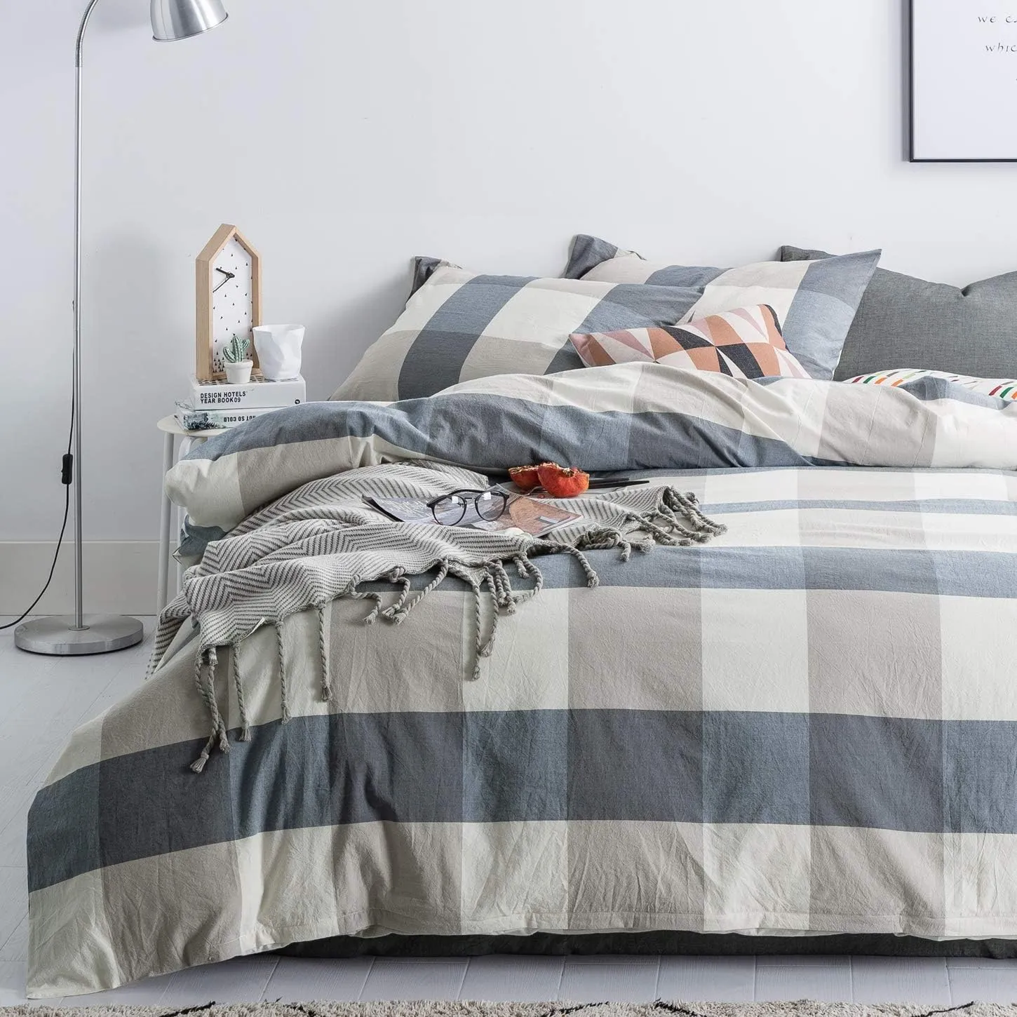 SUSYBAO Checkered Duvet Cover King 100% Washed Cotton Blue Plaid Duvet Cover 3 Pcs Set 1 Beige Grid Duvet Cover with Zipper Ties 2 Pillowcases Soft Farmhouse Buffalo Checkered Bedding Set