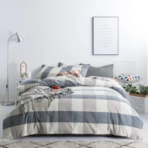 SUSYBAO Checkered Duvet Cover King 100% Washed Cotton Blue Plaid Duvet Cover 3 Pcs Set 1 Beige Grid Duvet Cover with Zipper Ties 2 Pillowcases Soft Farmhouse Buffalo Checkered Bedding Set