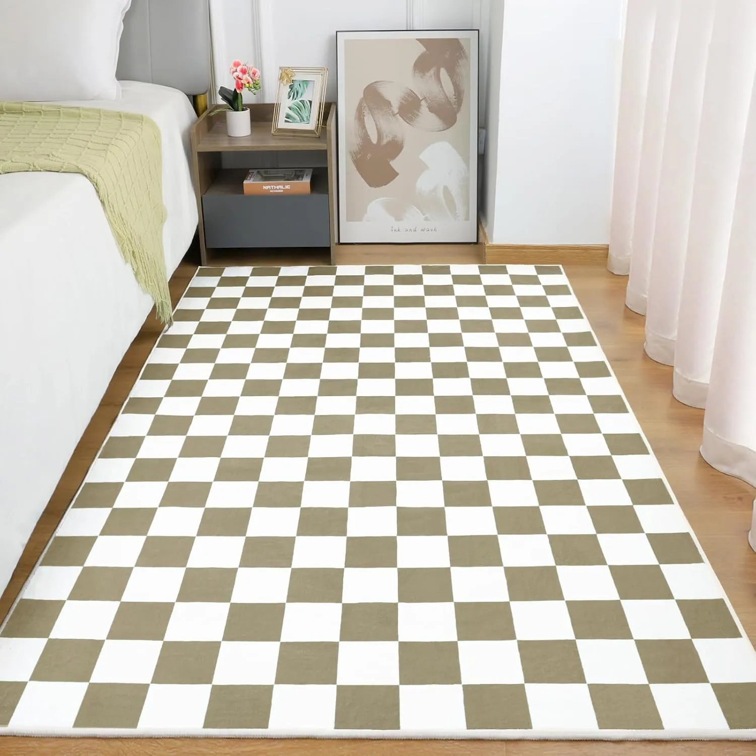 Terrug Beige and White Checkered Rug for Living Room Bedroom, 4x6 Soft Washable Area Rug with Non Slip, Low Pile Stain Resistance Carpet for Kids Room Entryway Kitchen Dorm