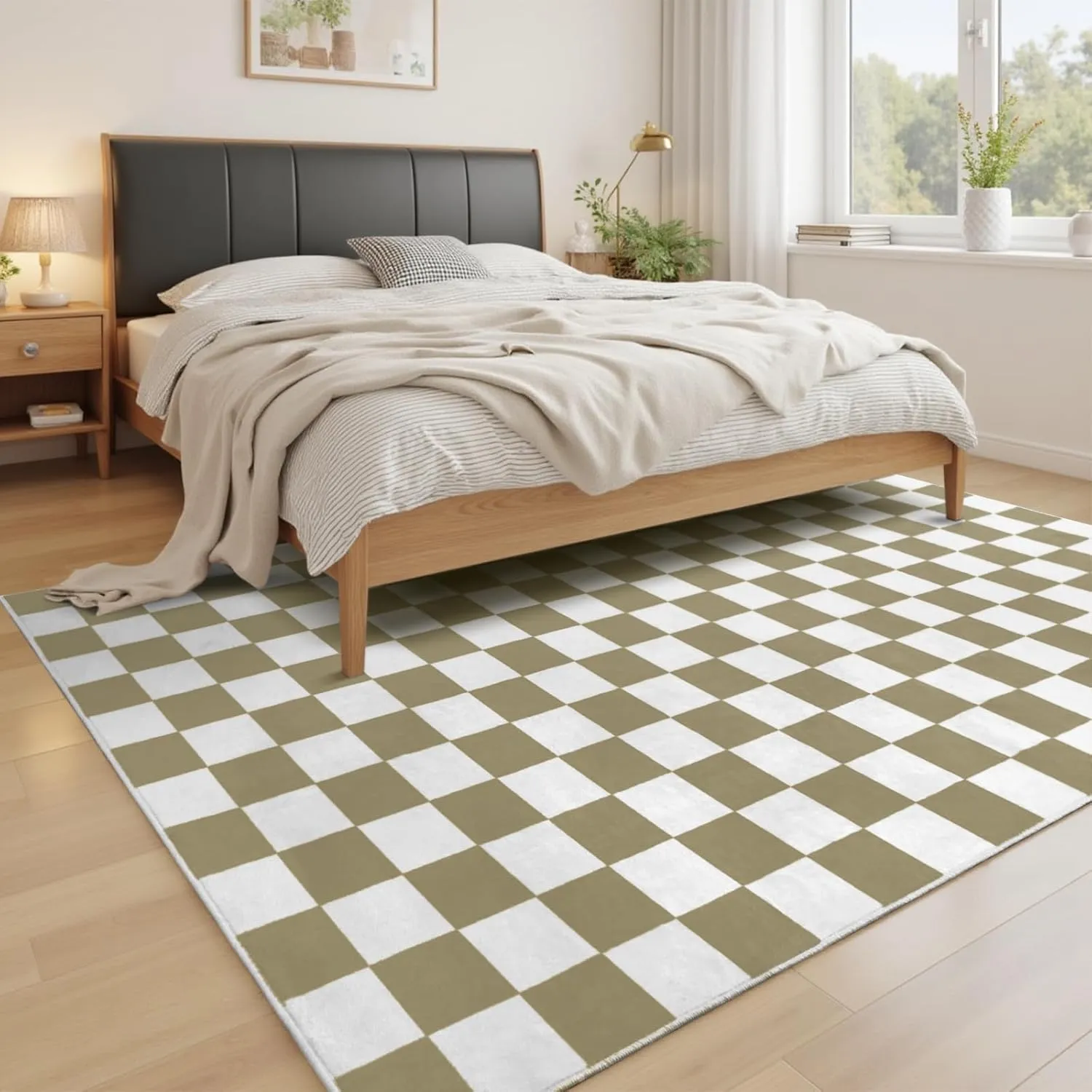 Terrug Beige and White Checkered Rug for Living Room Bedroom, 4x6 Soft Washable Area Rug with Non Slip, Low Pile Stain Resistance Carpet for Kids Room Entryway Kitchen Dorm