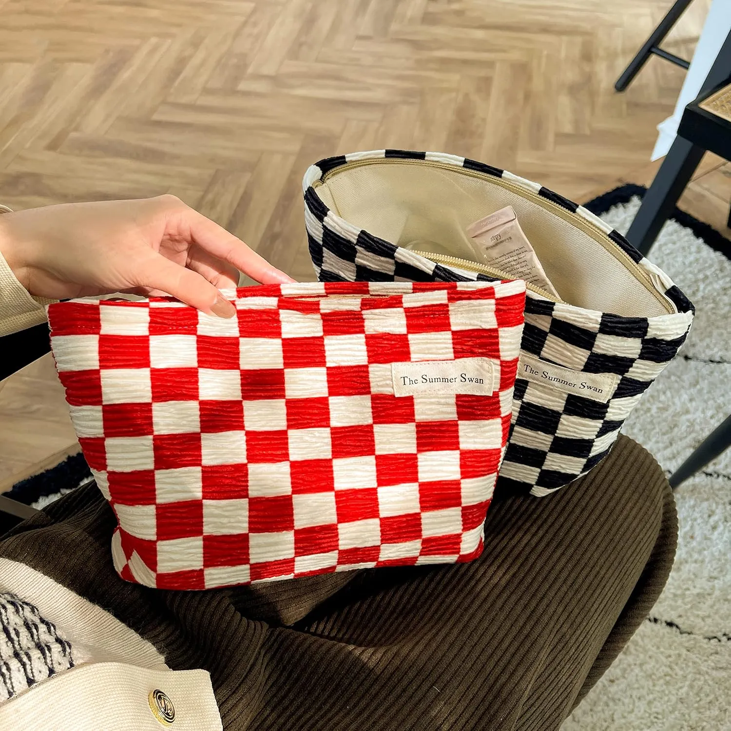 The Summer Swan | Large Aesthetic | Checkered Makeup Bag | Pencil Pouch | Period Kit Bag | Hygiene Bag | Skincare Bag | Cute Makeup Bag (Checkered Red & White)