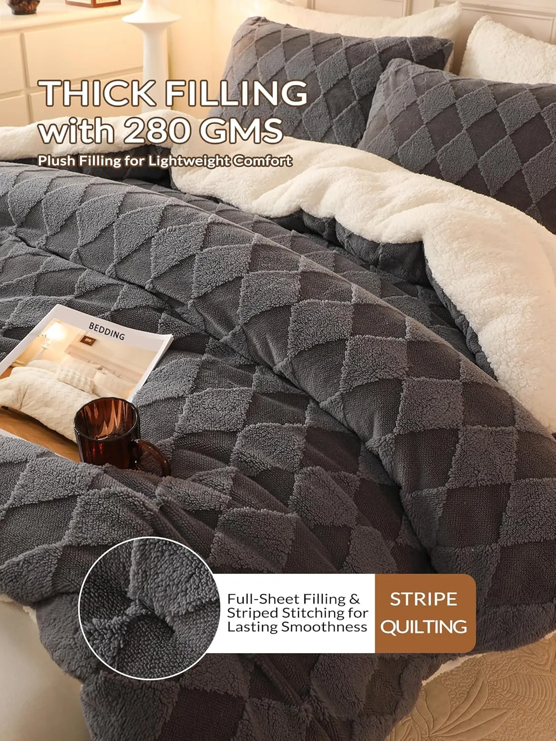 Tufted Fleece Comforter Set King - Super Soft Warm Fluffy Shaggy Bedding Sets, Diamond Plaid Jacquard Bed Set for Winter, 1 Sherpa Comforter with 2 Pillow Cases (104"X90" Grey)