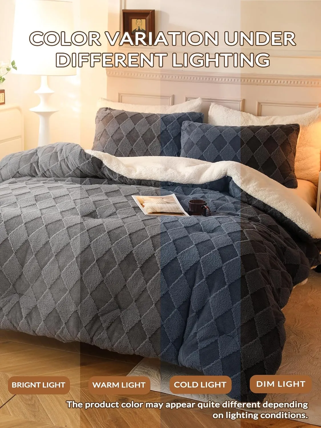 Tufted Fleece Comforter Set King - Super Soft Warm Fluffy Shaggy Bedding Sets, Diamond Plaid Jacquard Bed Set for Winter, 1 Sherpa Comforter with 2 Pillow Cases (104"X90" Grey)