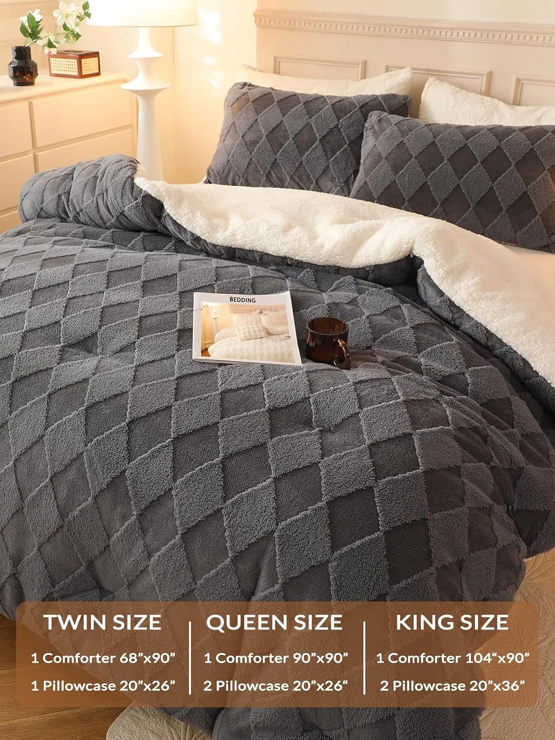 Tufted Fleece Comforter Set King - Super Soft Warm Fluffy Shaggy Bedding Sets, Diamond Plaid Jacquard Bed Set for Winter, 1 Sherpa Comforter with 2 Pillow Cases (104"X90" Grey)