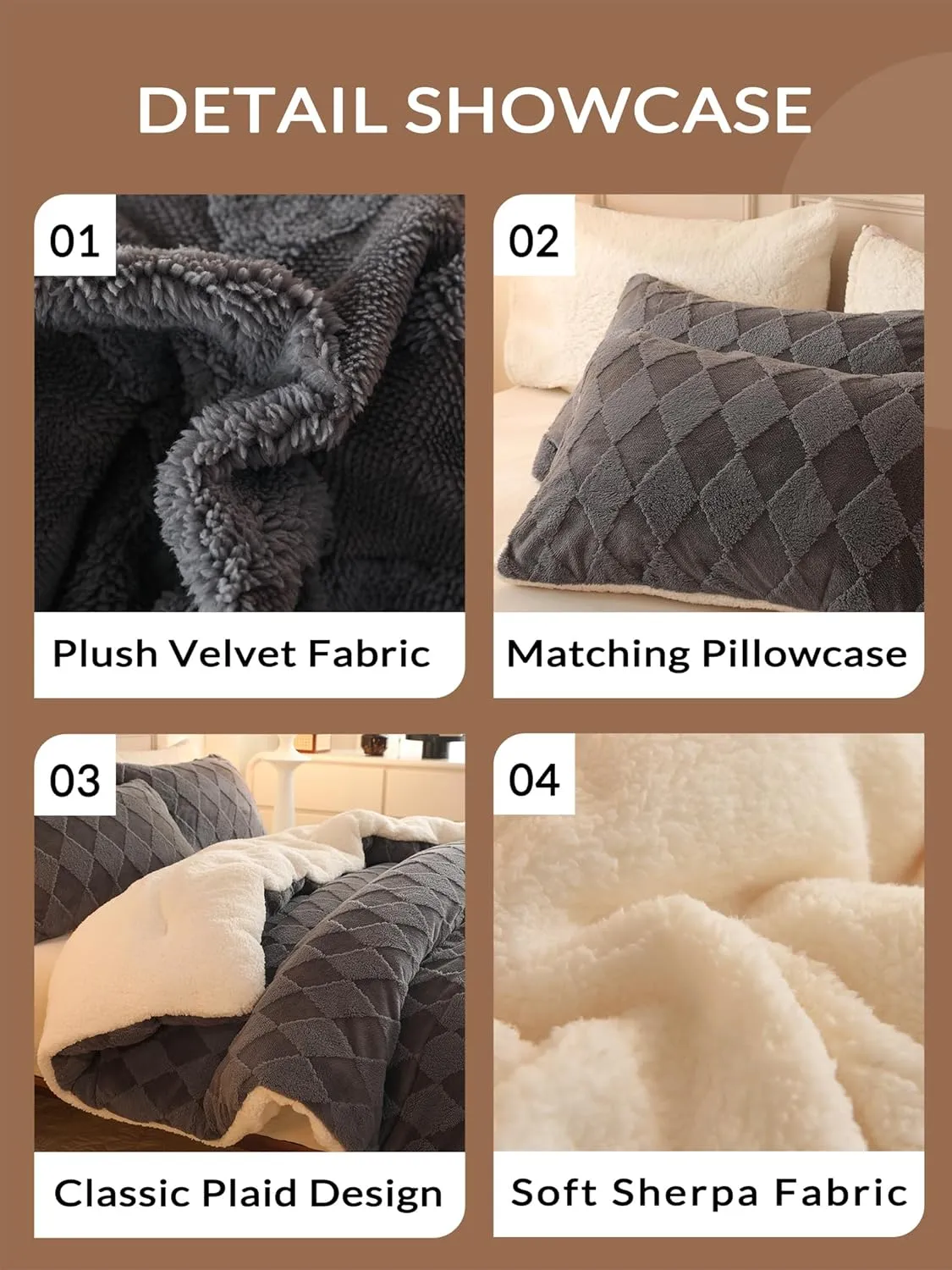 Tufted Fleece Comforter Set King - Super Soft Warm Fluffy Shaggy Bedding Sets, Diamond Plaid Jacquard Bed Set for Winter, 1 Sherpa Comforter with 2 Pillow Cases (104"X90" Grey)