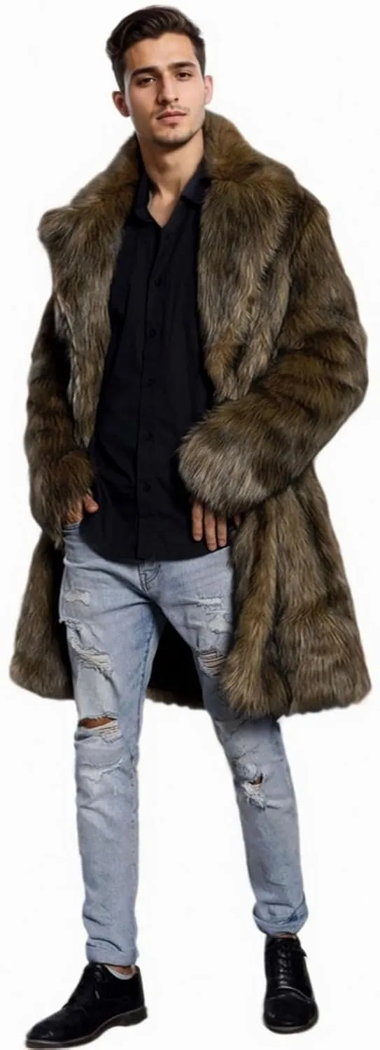 UMREN Men's Luxury Faux Fur Coat Jacket Winter Warm Long Coats Overwear Outwear