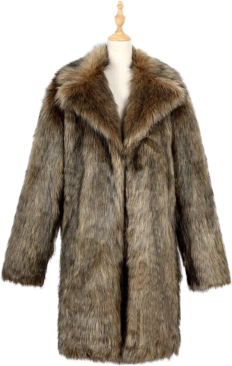 UMREN Men's Luxury Faux Fur Coat Jacket Winter Warm Long Coats Overwear Outwear
