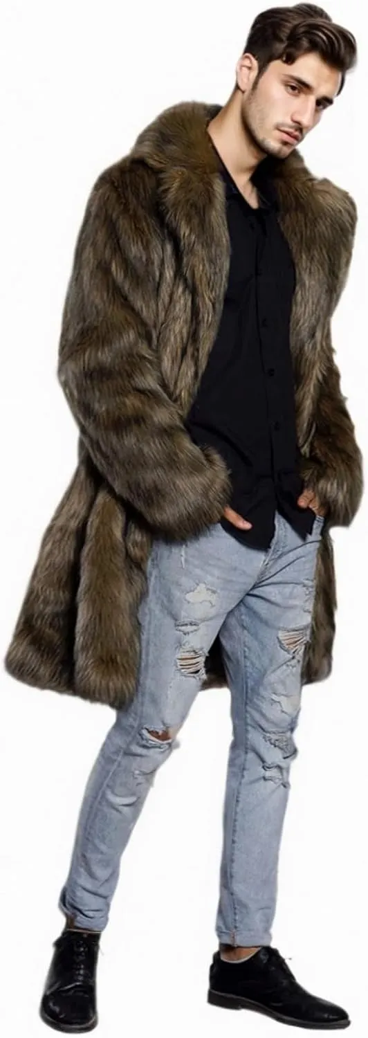 UMREN Men's Luxury Faux Fur Coat Jacket Winter Warm Long Coats Overwear Outwear