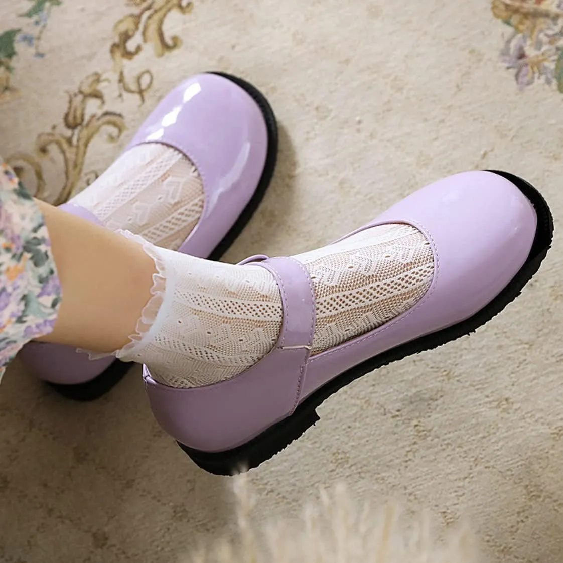 UniqueStride Womens Ballet Mary Janes Flats Patent Leather Platform Low Heels Pumps Round Toe Buckle Strap Cute Shoes