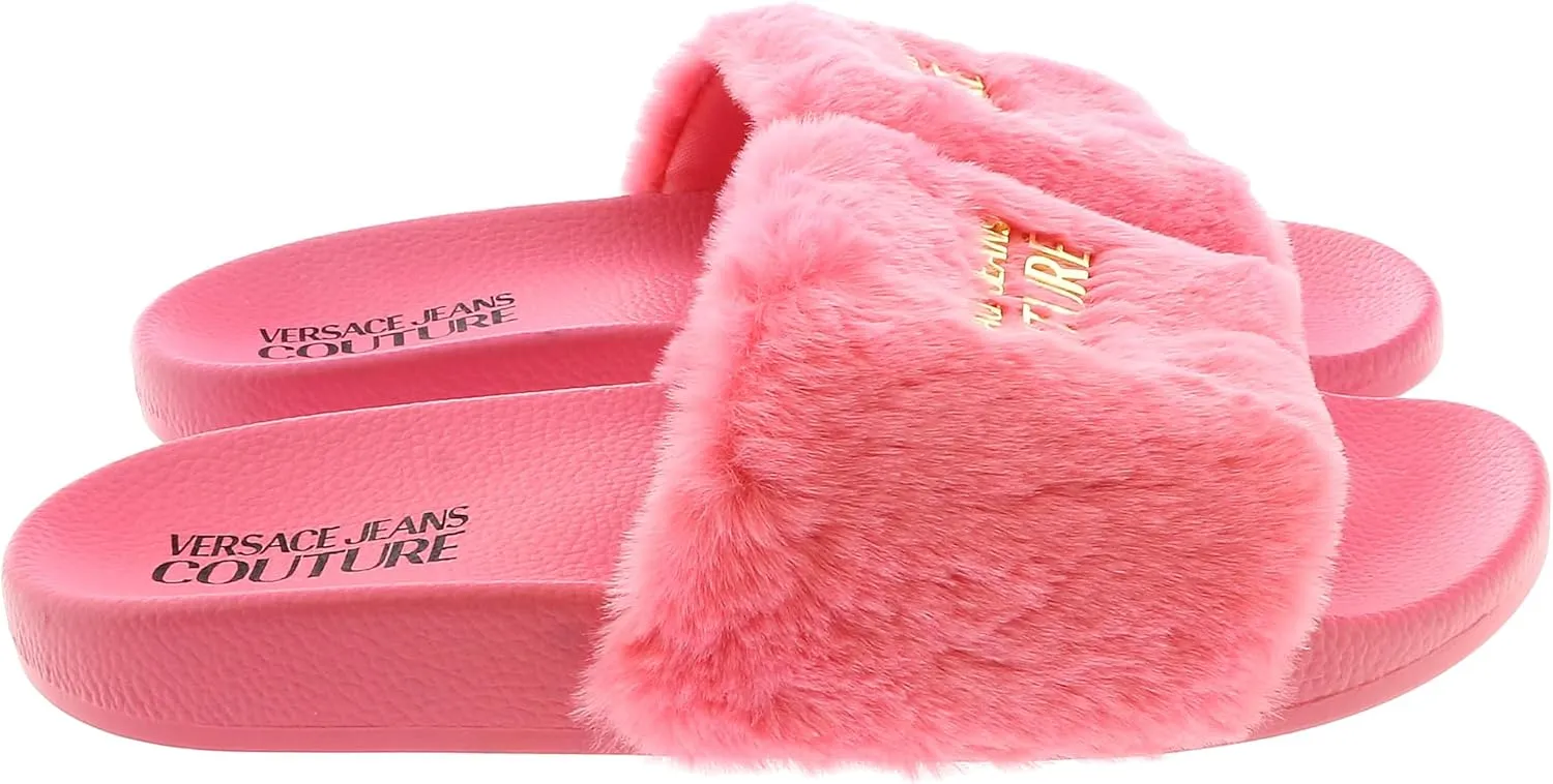 VERSACE JEANS COUTURE Rose Faux Fur Signature Slides- for Womens