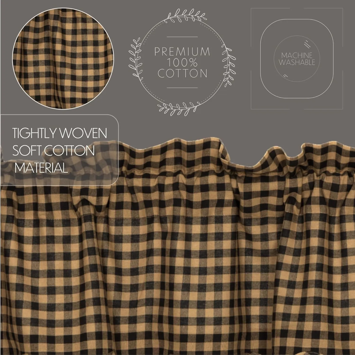 VHC Brands, Black Check, Cotton, L36xW36, Scalloped Tier, Set of 2, Black