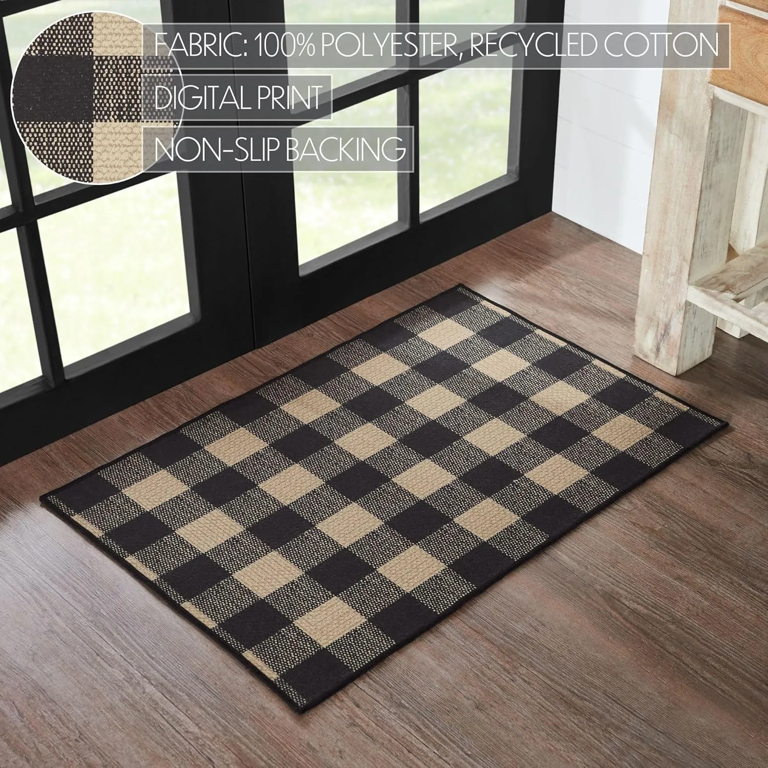 VHC Brands Black Check Indoor Rug Rect 24x36, Polyester Area Rug, Accent Rug, Floor Decor, Black Check Collection, Rectangle 24x36, Country Black