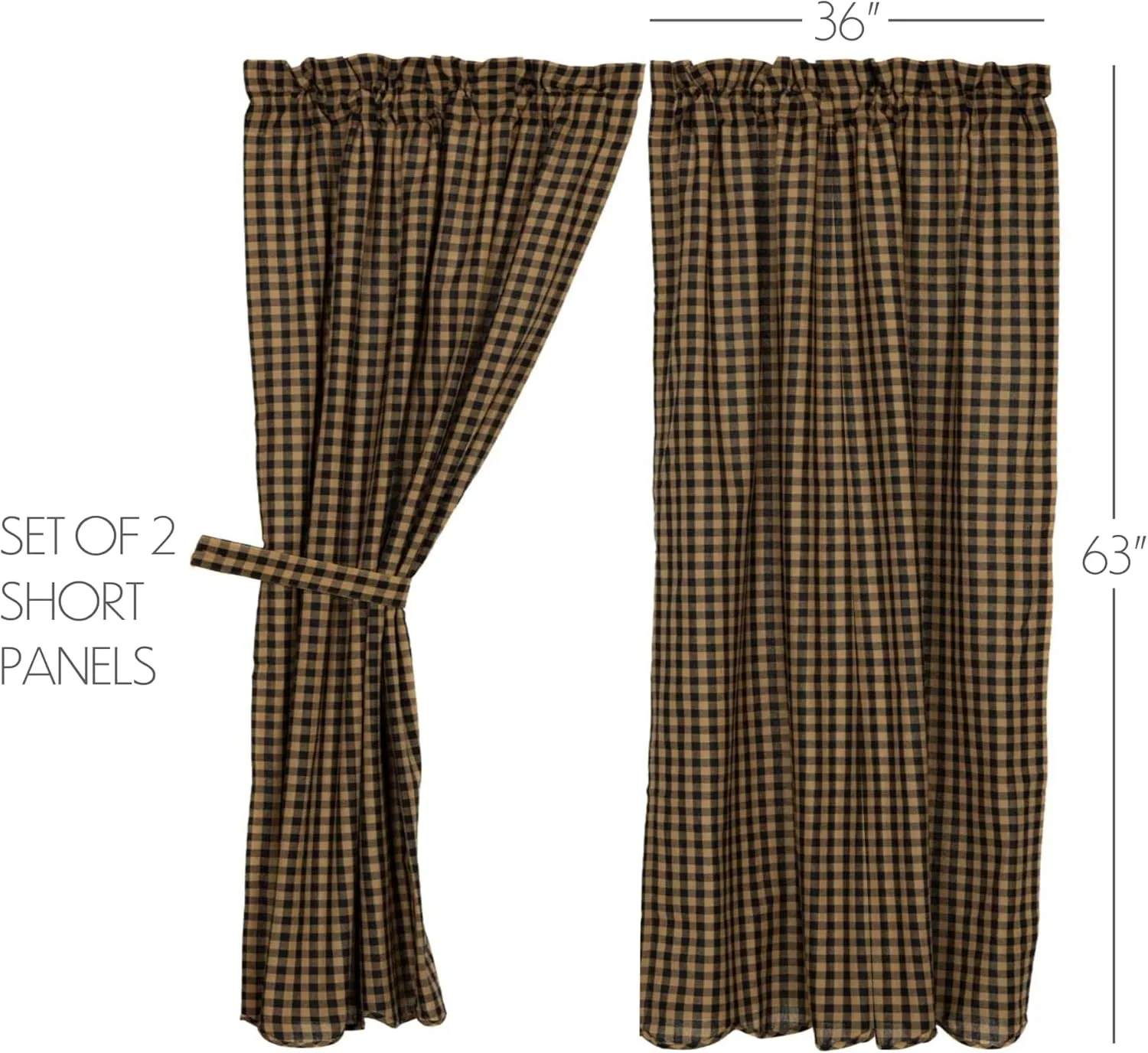 VHC Brands Black Check Scalloped Short Panel Set of 2 63x36 Country Curtains, Black and Tan