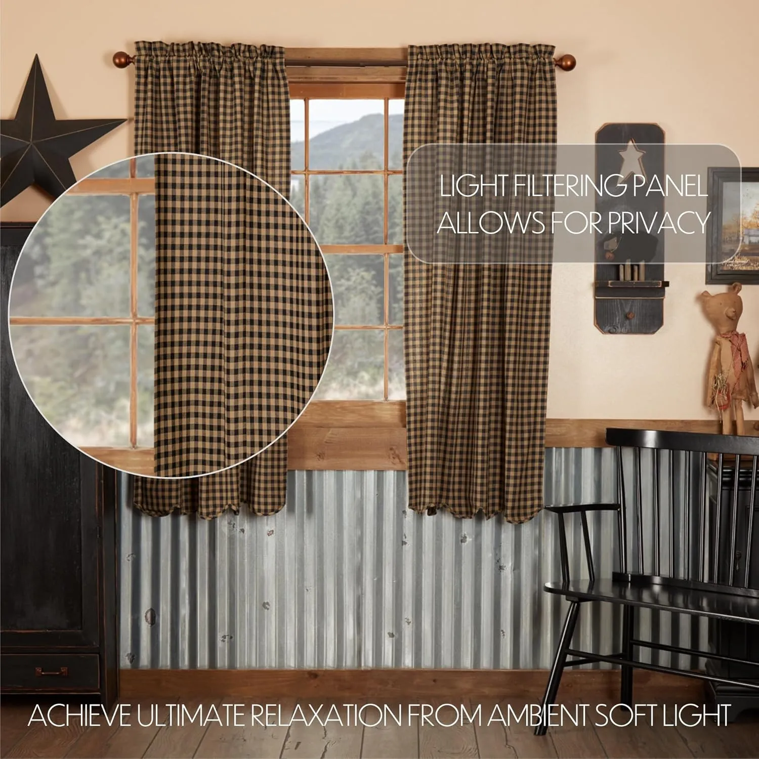 VHC Brands Black Check Scalloped Short Panel Set of 2 63x36 Country Curtains, Black and Tan
