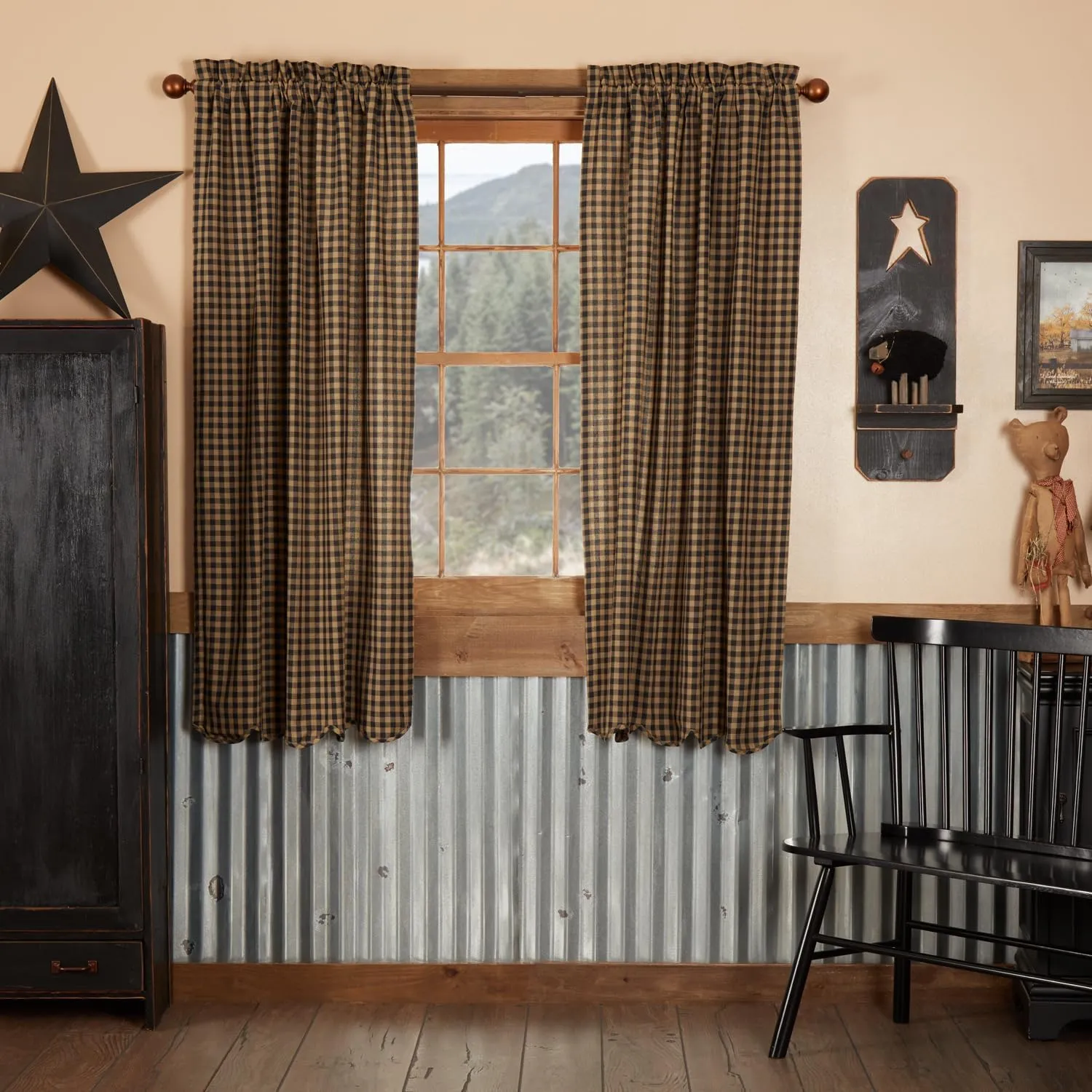 VHC Brands Black Check Scalloped Short Panel Set of 2 63x36 Country Curtains, Black and Tan