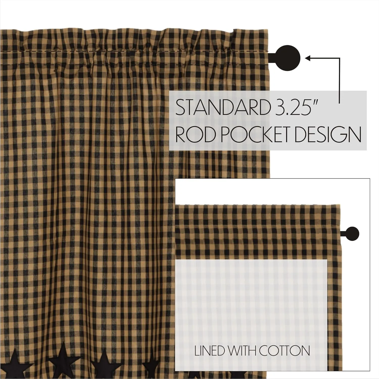 VHC Brands Star Cotton Primitive Kitchen Curtains Rod Pocket Drawstring Ties Appliqued Prairie Swag Pair, x King, Raven Black
