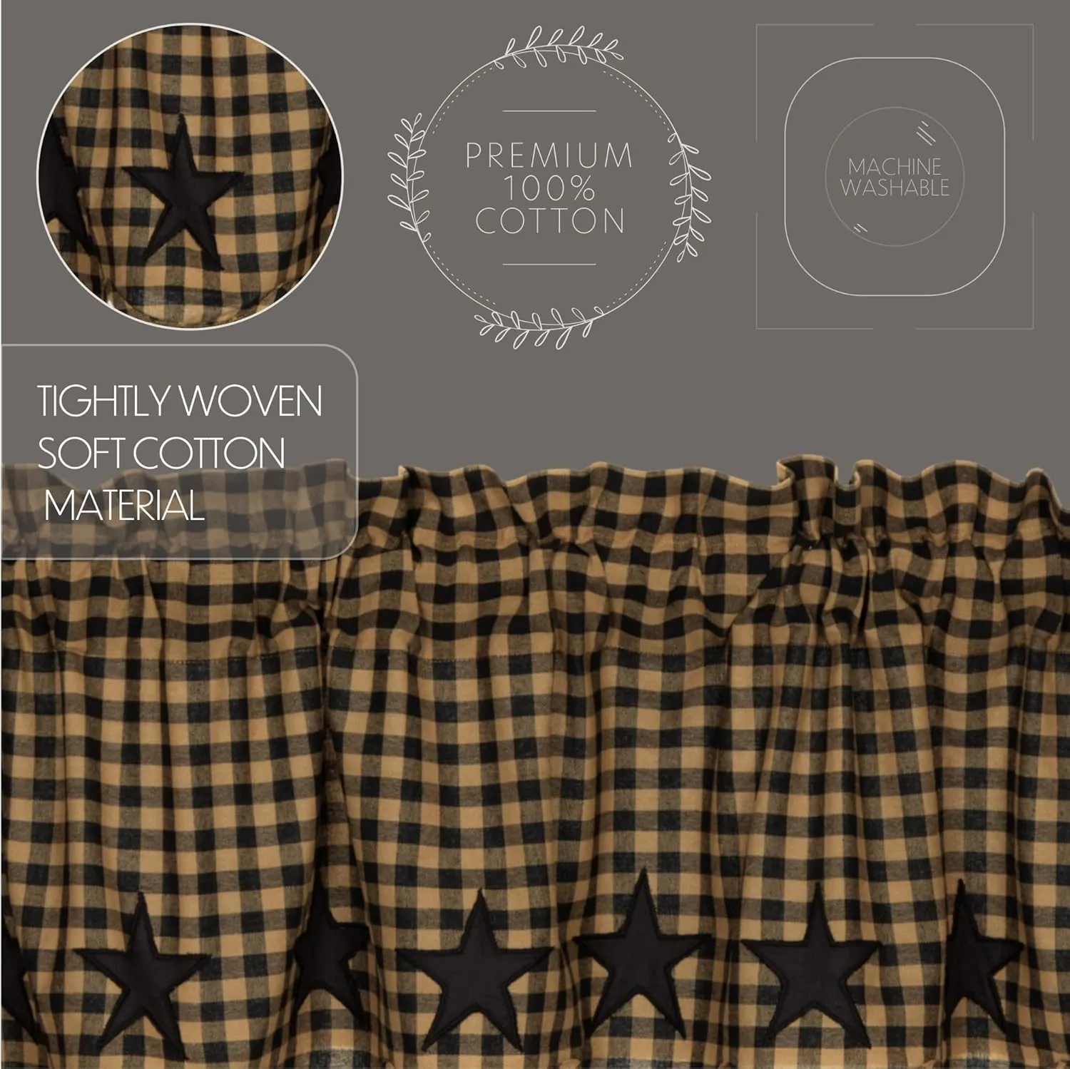 VHC Brands Star Cotton Primitive Kitchen Curtains Rod Pocket Drawstring Ties Appliqued Prairie Swag Pair, x King, Raven Black