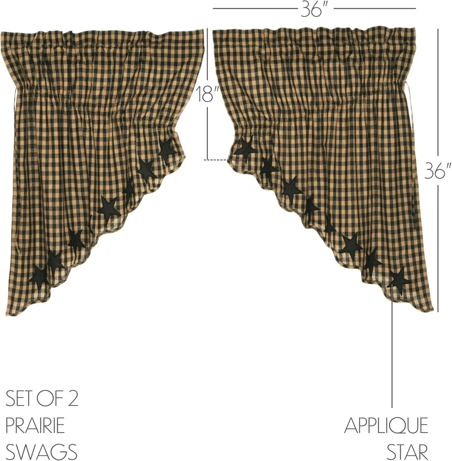 VHC Brands Star Cotton Primitive Kitchen Curtains Rod Pocket Drawstring Ties Appliqued Prairie Swag Pair, x King, Raven Black