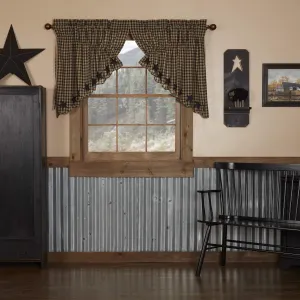 VHC Brands Star Cotton Primitive Kitchen Curtains Rod Pocket Drawstring Ties Appliqued Prairie Swag Pair, x King, Raven Black