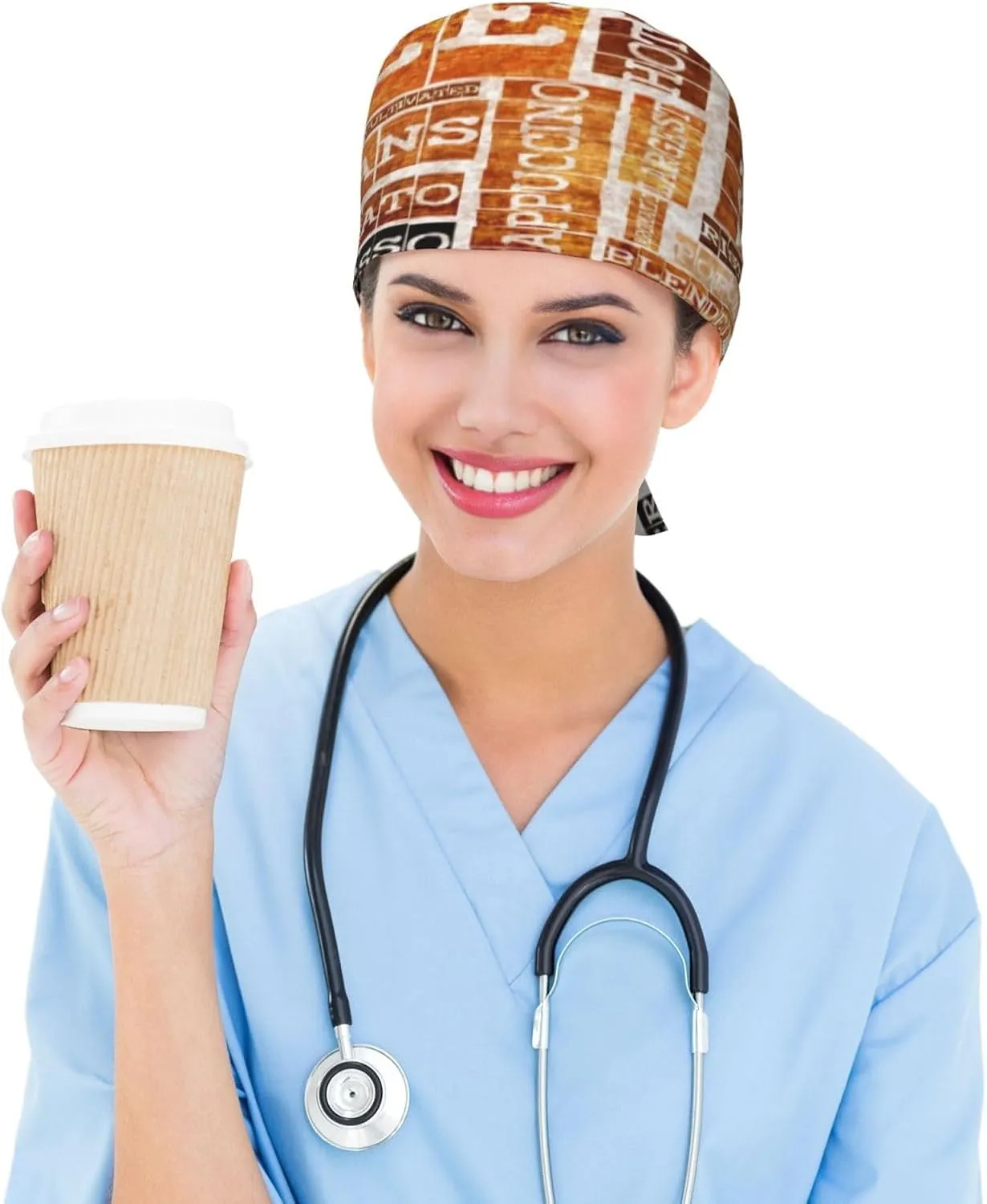 Vintage Coffee Print Scrub Caps Working Nurse Hats With Adjustable Tie Back Hat Women Men