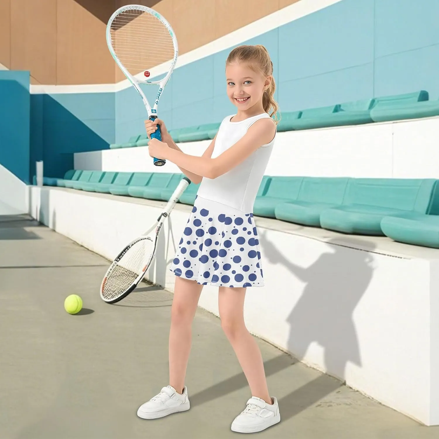 visesunny Girl's Golf Skirt Athletic Blue White Bubble Polka Dot Tennis Skort Sport Activewear with Double Layer Pockets