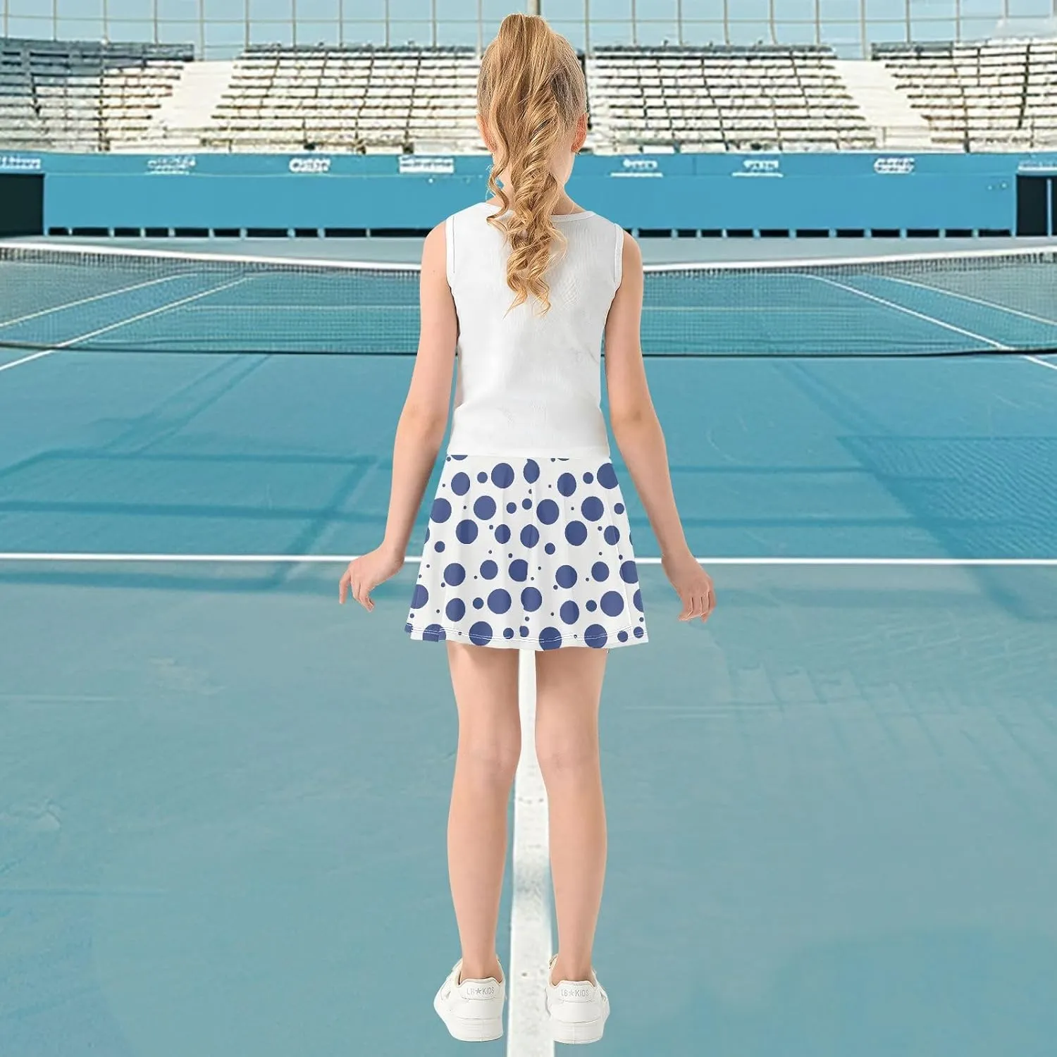 visesunny Girl's Golf Skirt Athletic Blue White Bubble Polka Dot Tennis Skort Sport Activewear with Double Layer Pockets