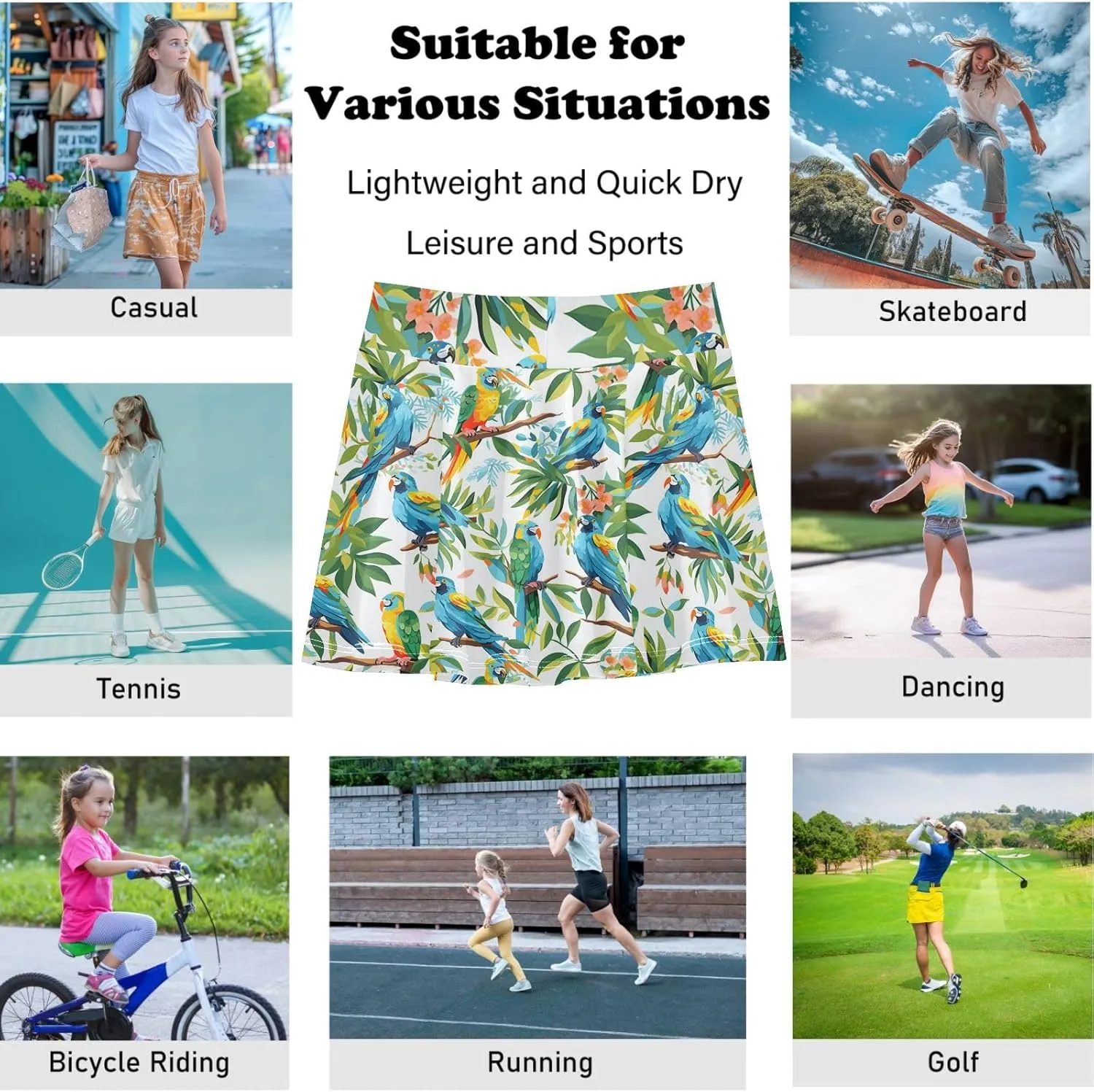 visesunny Girl's Golf Skirt Athletic Colorful Macaw Bird Tennis Skort Sport Activewear with Double Layer Pockets