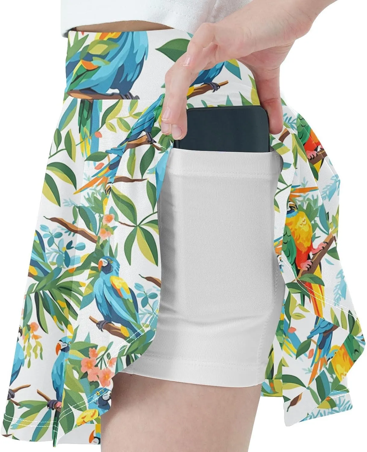 visesunny Girl's Golf Skirt Athletic Colorful Macaw Bird Tennis Skort Sport Activewear with Double Layer Pockets
