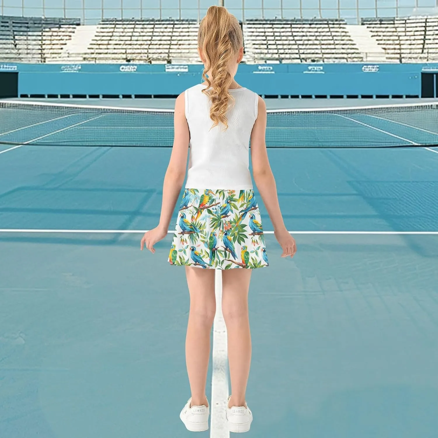 visesunny Girl's Golf Skirt Athletic Colorful Macaw Bird Tennis Skort Sport Activewear with Double Layer Pockets