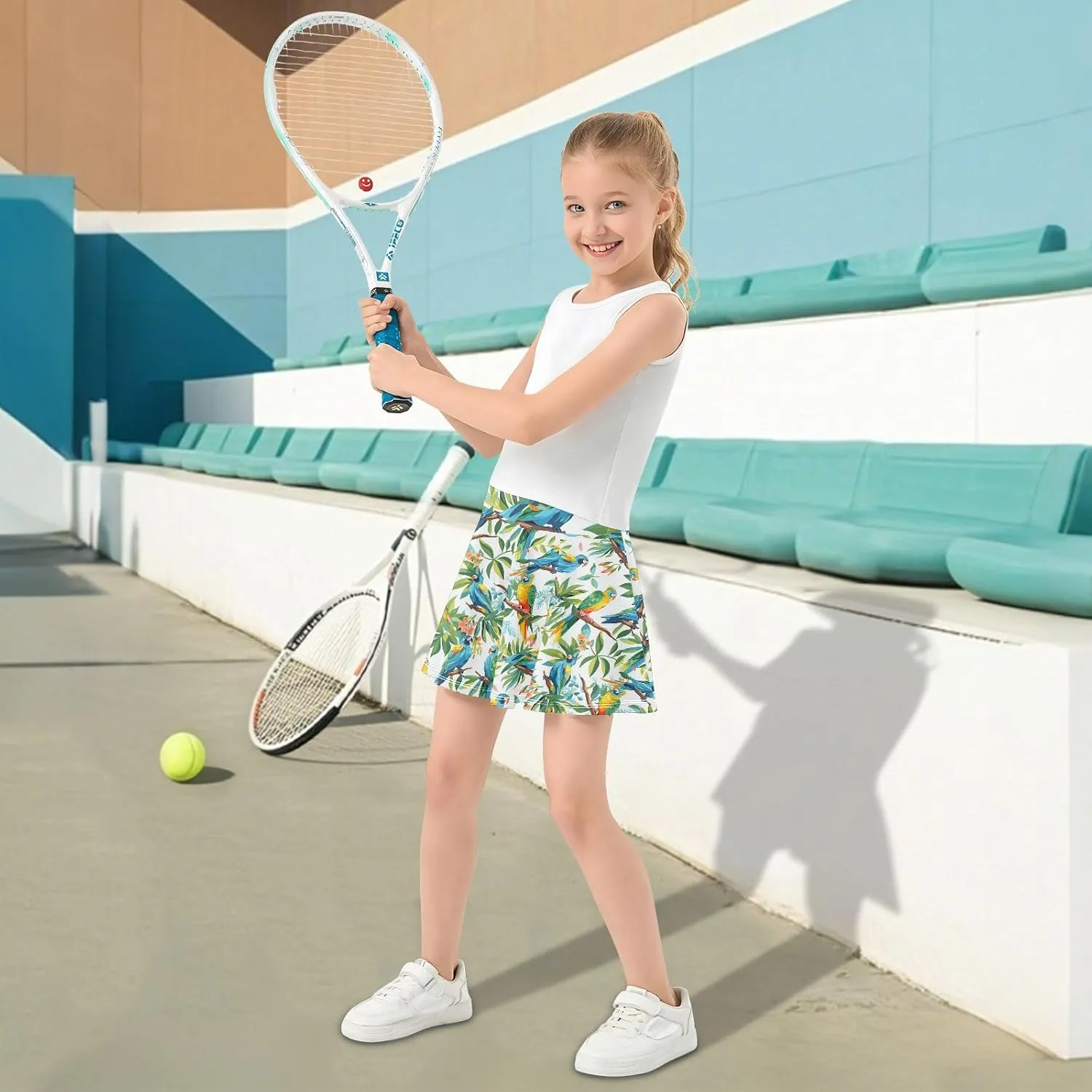 visesunny Girl's Golf Skirt Athletic Colorful Macaw Bird Tennis Skort Sport Activewear with Double Layer Pockets