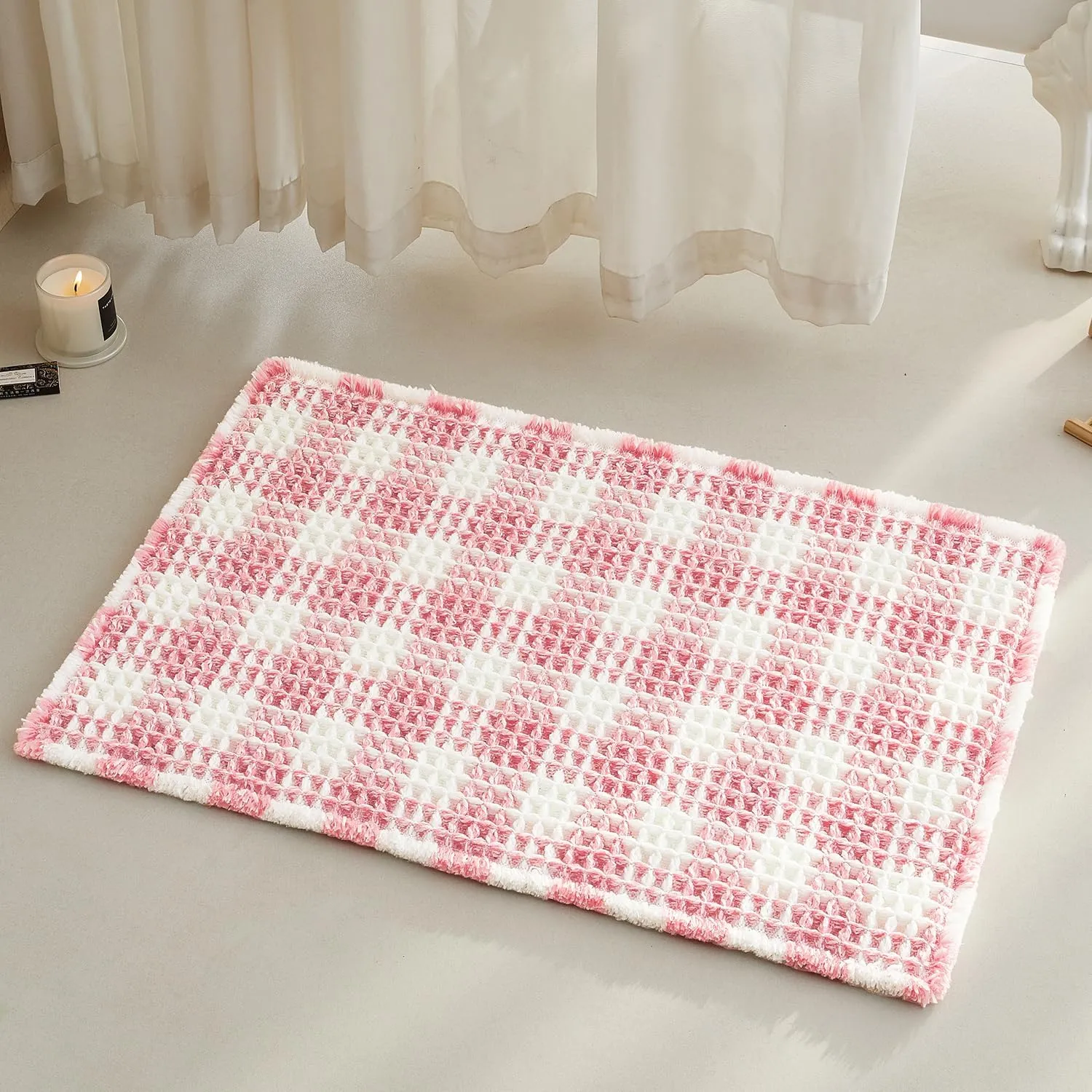 Waffle Bath Mat, Boho Bathroom Rugs Non Slip Washable Absorbent Checkered Bathroom Mat Quick Dry Cute Bath Mat, 30"x20" Pink and White