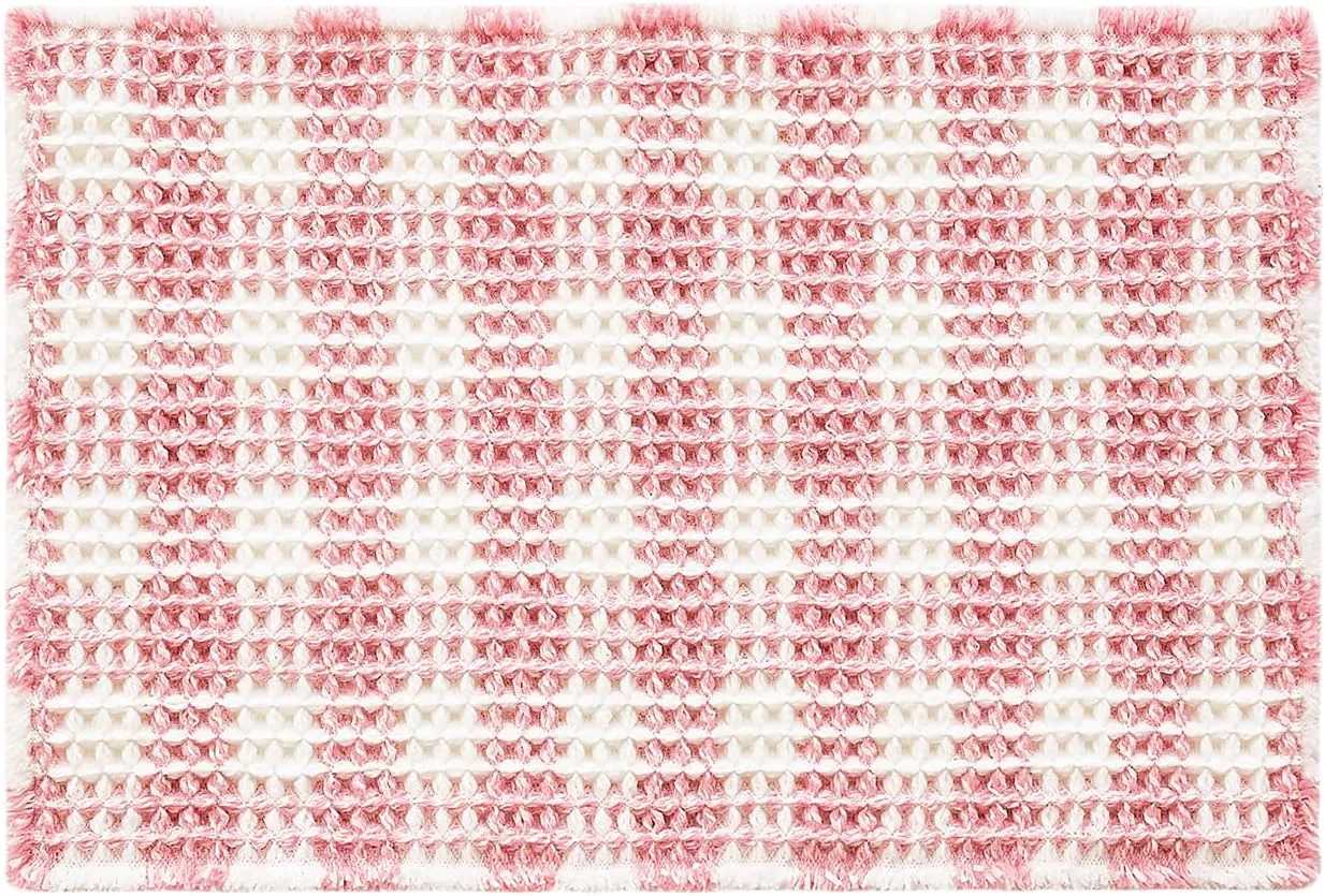 Waffle Bath Mat, Boho Bathroom Rugs Non Slip Washable Absorbent Checkered Bathroom Mat Quick Dry Cute Bath Mat, 30"x20" Pink and White
