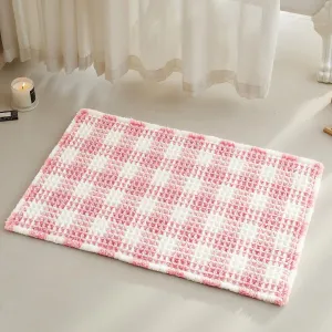 Waffle Bath Mat, Boho Bathroom Rugs Non Slip Washable Absorbent Checkered Bathroom Mat Quick Dry Cute Bath Mat, 30"x20" Pink and White