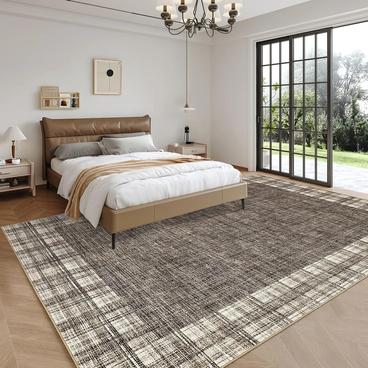 Washable Area Rug 5x7 Plaid Rugs for Living Room Non Slip Throw Rugs Checkered Soft Rug Low Pile Thin Rug Indoor Floor Carpet for Bedroom Home Decor, Brown