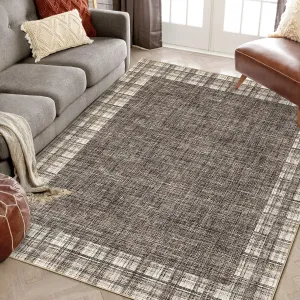Washable Area Rug 5x7 Plaid Rugs for Living Room Non Slip Throw Rugs Checkered Soft Rug Low Pile Thin Rug Indoor Floor Carpet for Bedroom Home Decor, Brown