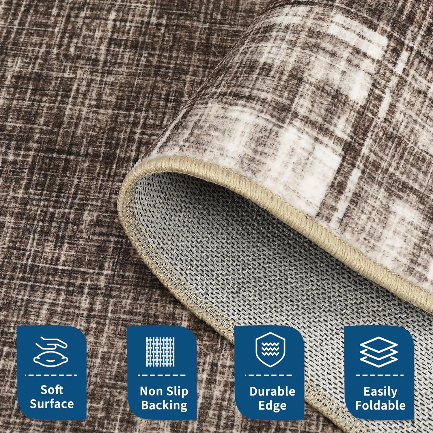 Washable Area Rug 5x7 Plaid Rugs for Living Room Non Slip Throw Rugs Checkered Soft Rug Low Pile Thin Rug Indoor Floor Carpet for Bedroom Home Decor, Brown