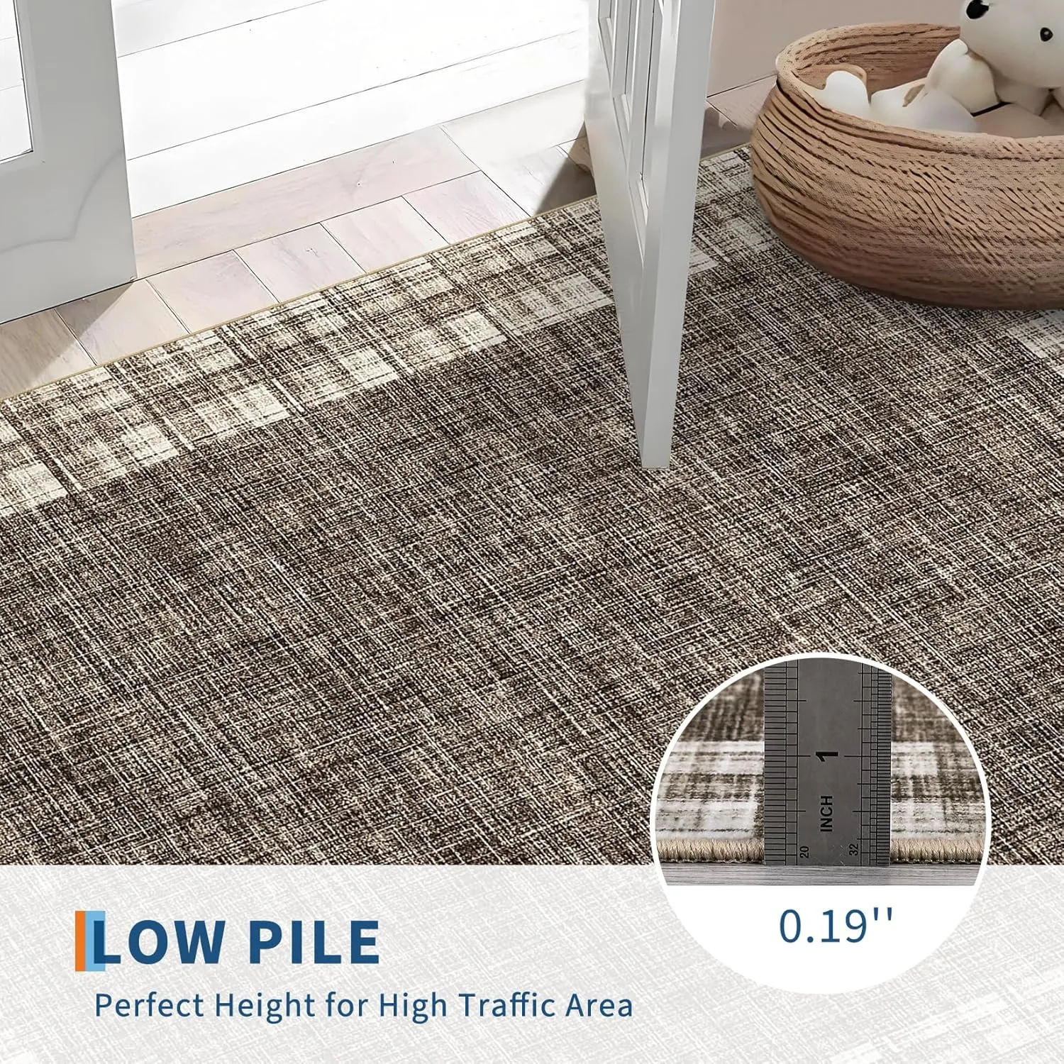 Washable Area Rug 5x7 Plaid Rugs for Living Room Non Slip Throw Rugs Checkered Soft Rug Low Pile Thin Rug Indoor Floor Carpet for Bedroom Home Decor, Brown