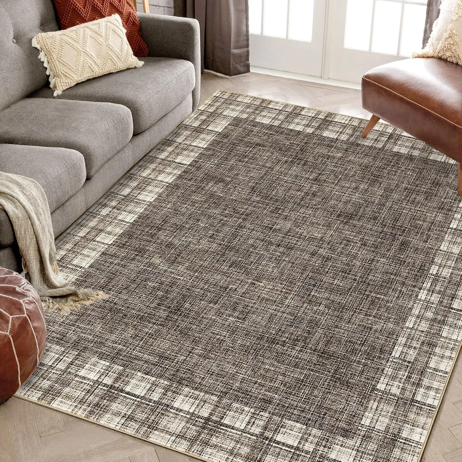 Washable Area Rug 5x7 Plaid Rugs for Living Room Non Slip Throw Rugs Checkered Soft Rug Low Pile Thin Rug Indoor Floor Carpet for Bedroom Home Decor, Brown